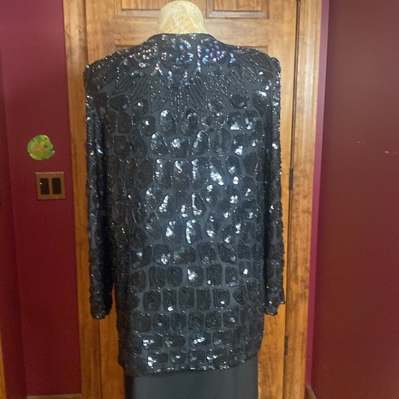 VNTG 60s Mark & John by Gopal Black n opalescent Sequin Beaded Silk Jacket Sz L - Picture 13 of 16